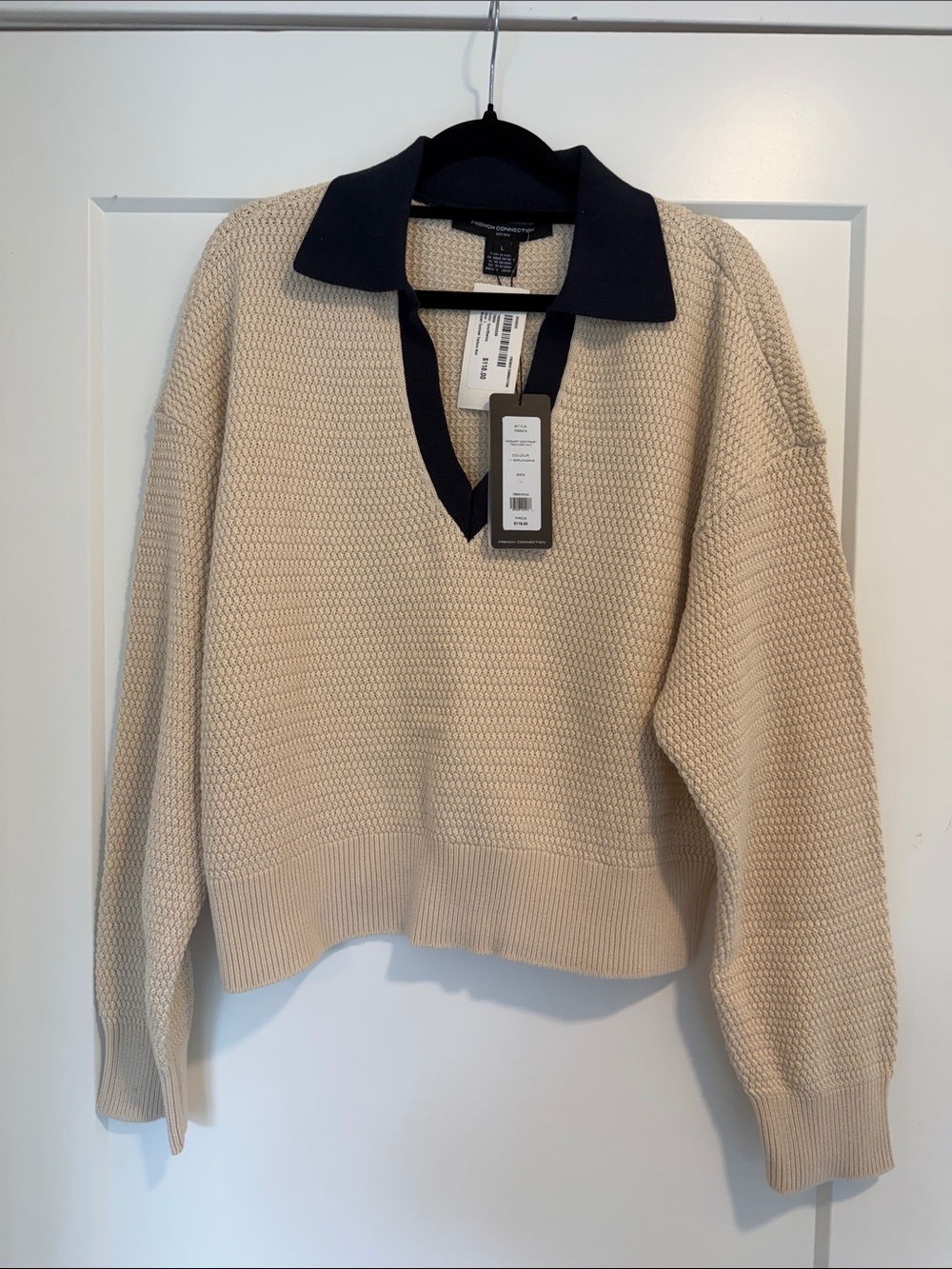 French Connection Cream V-Neck Sweater with Navy Collar Detail